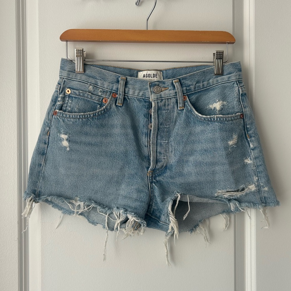 Agolde Light Blue Distressed Denim Cutoff Shorts